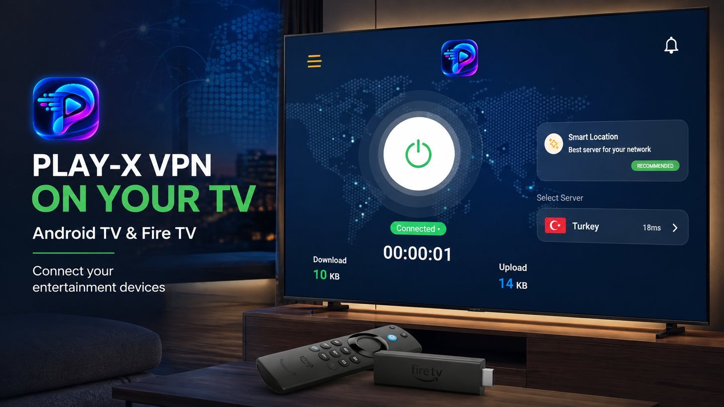 Branded VPN app on a television with a Fire TV stick and remote, showing large controls built for remote-control navigation