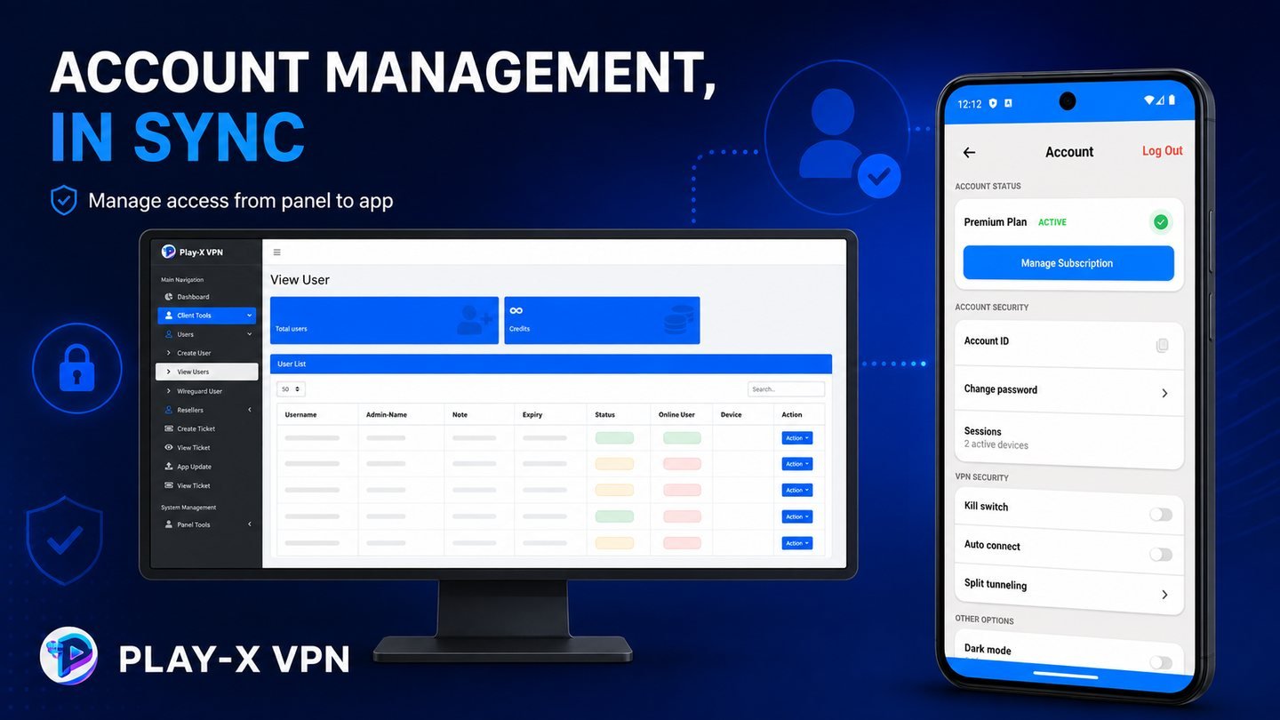 VPN panel user list next to the mobile app account screen showing plan status, sessions and security settings