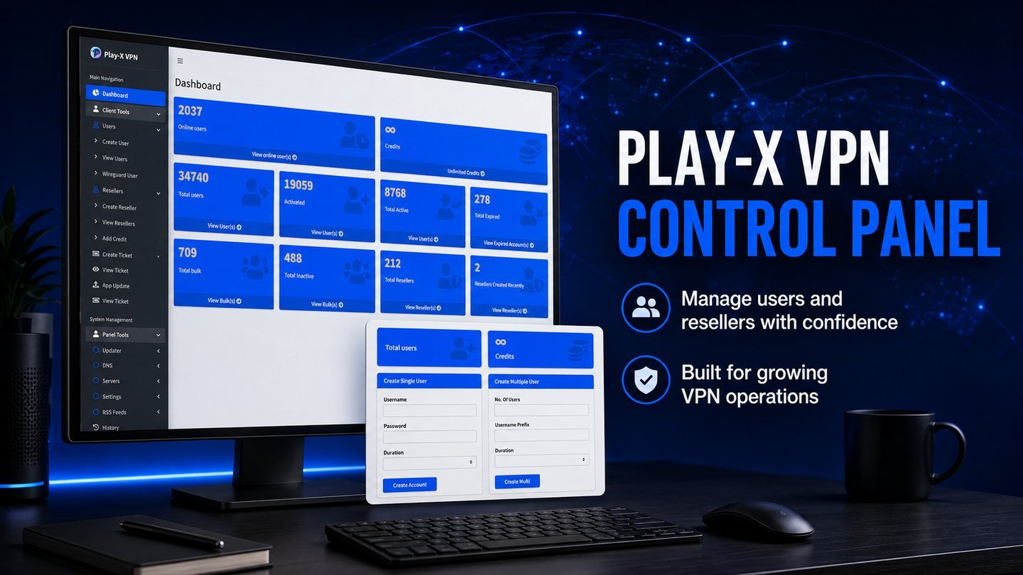 VPN control panel dashboard showing online users, credits, total users, active and expired accounts and reseller totals