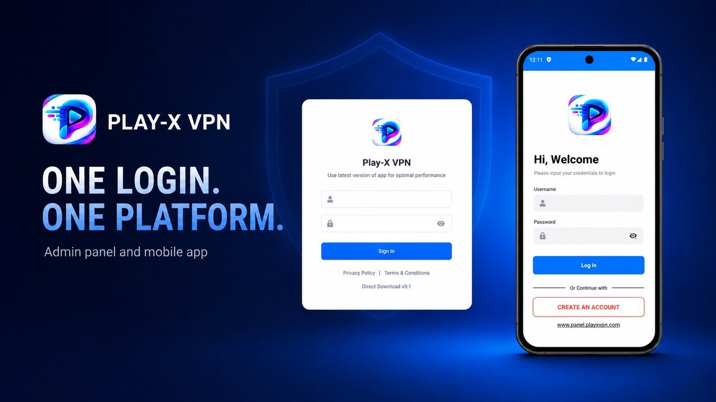 VPN panel login screen and mobile app login screen both carrying the same brand logo and colours