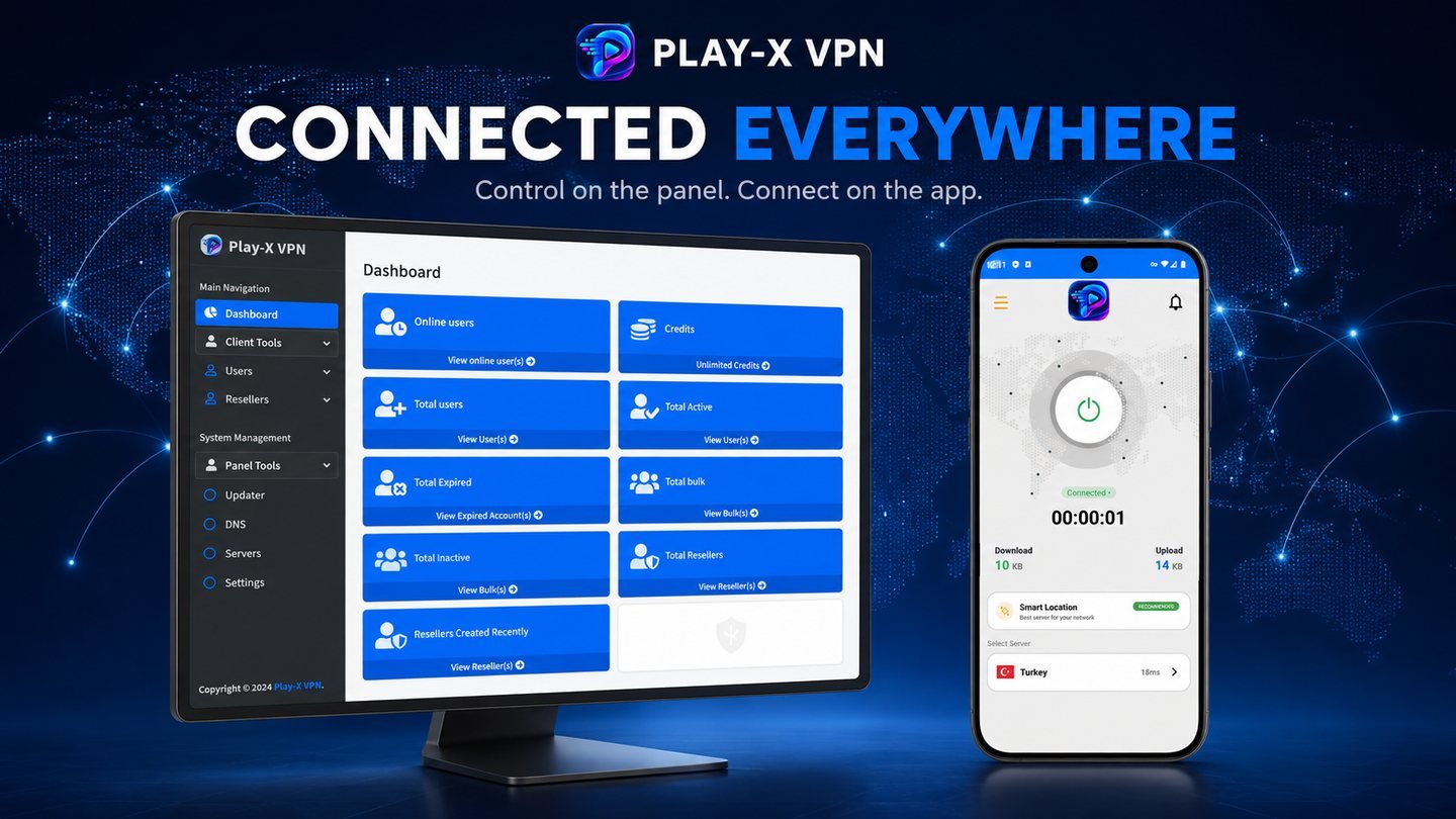 PanelVPN products — the VPN admin panel and the branded VPN mobile app working together
