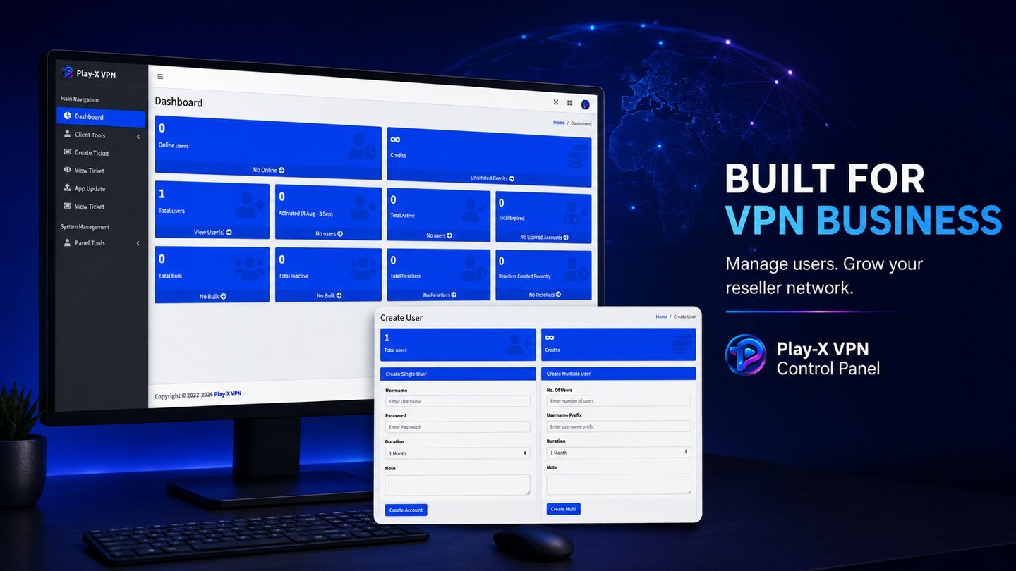 VPN reseller panel dashboard with credits and the create single user and create multiple user forms