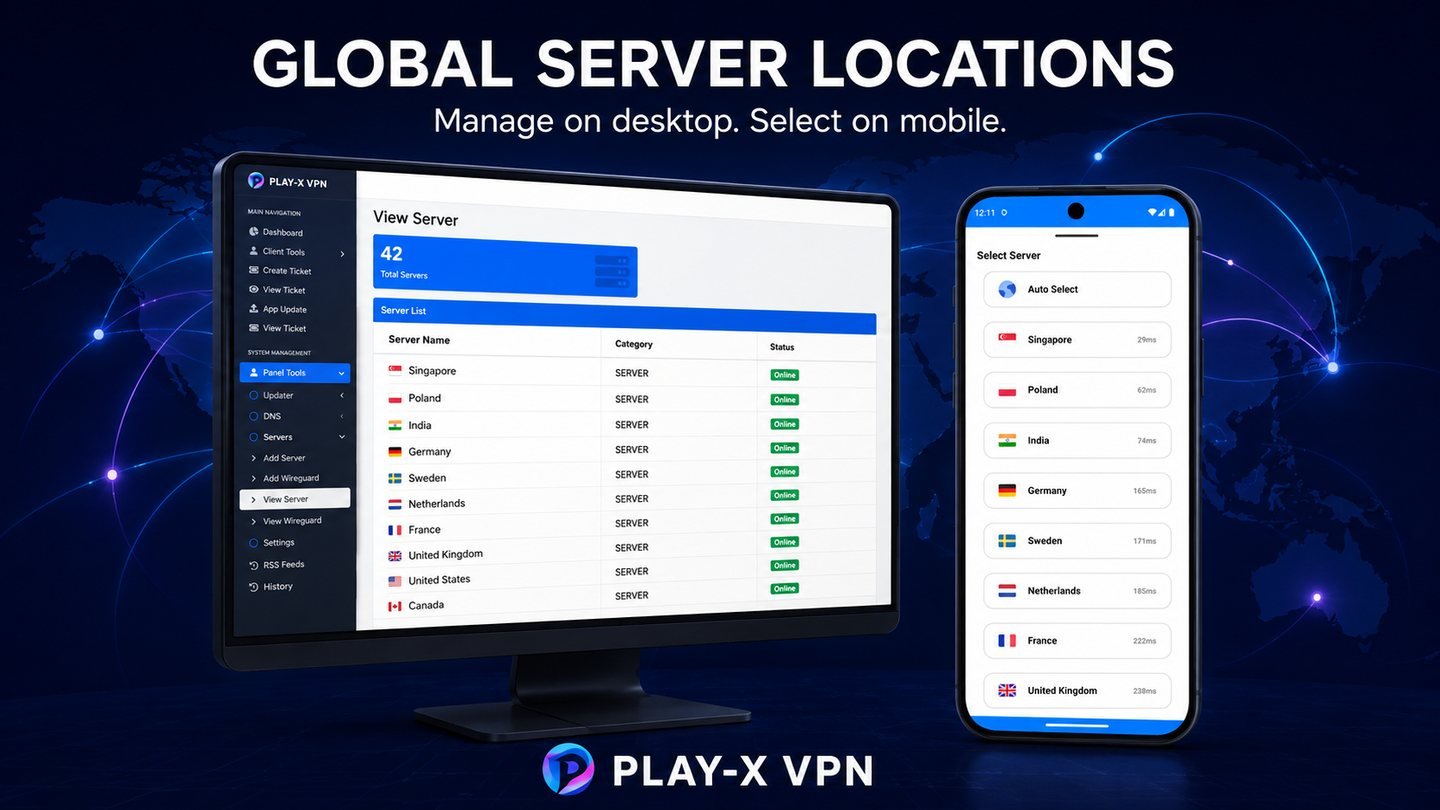 VPN panel server list with countries and online status next to the mobile app server selection screen showing the same locations with latency