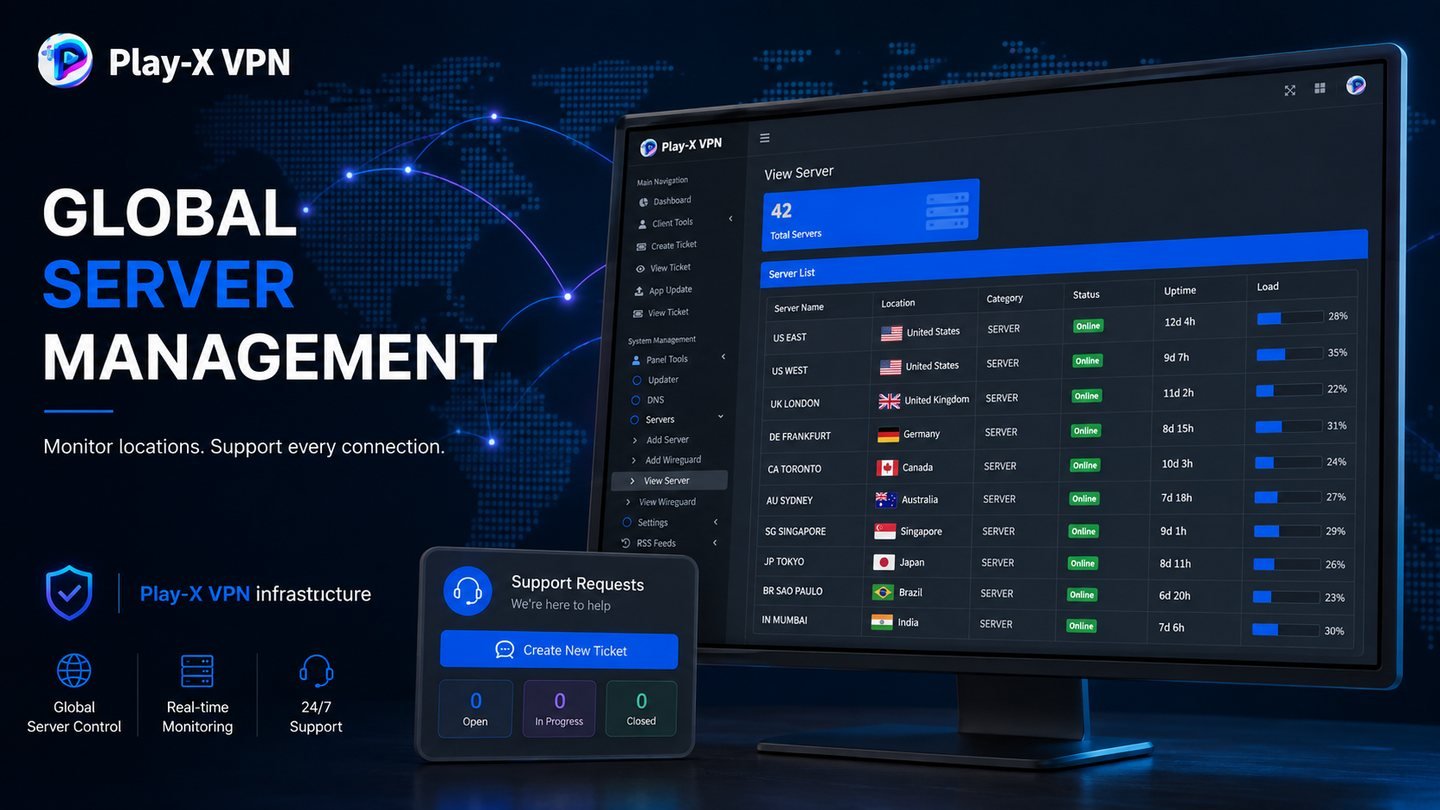 VPN server management screen listing servers by country with online status, uptime and load, beside a support ticket panel