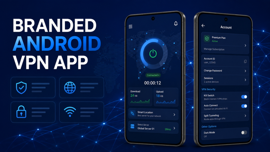 Example branded Android VPN app with connection and account screens